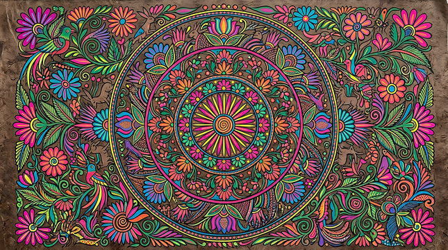 Concentric floral medallion, amate bark art