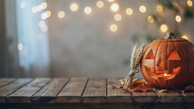 Halloween pumpkin lantern with wheat bundle and wide copy space