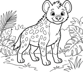 Obraz premium Cute cartoon spotted hyena standing in a tropical forest, black and white line art illustration for coloring book page