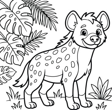 Cute cartoon spotted hyena standing in a jungle, black and white line art illustration for coloring book page