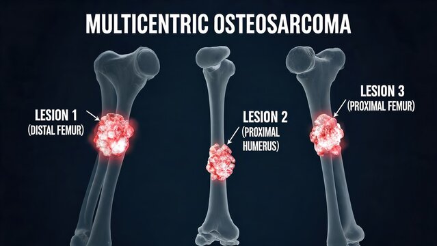 Multicentric osteosarcoma 3D pathology illustration, osteosarcoma lesions on distal femur, proximal humerus and proximal femur