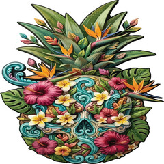 Obraz premium Pineapple fruit shape decorated with vibrant tropical flowers and leaves vector