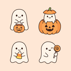 Obraz premium Cute Halloween Ghost Set with Pumpkin Bucket Candy Corn Lollipop Isolated Illustration
