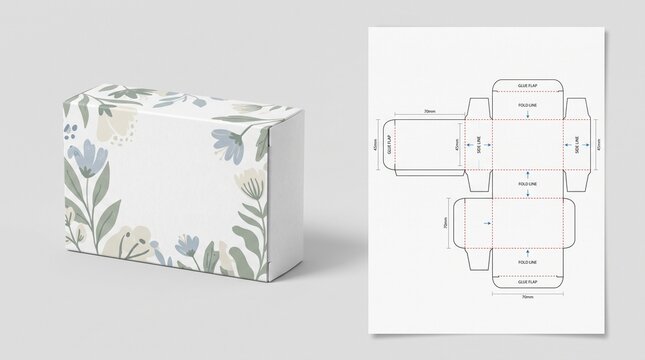 Rectangular paper box packaging mockup with floral pattern and die cut