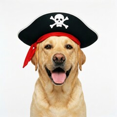 Fototapeta premium Happy yellow labrador retriever dog wearing a pirate hat isolated on white background