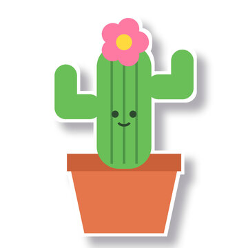 Cute cactus with pink flower and smiling face