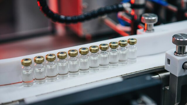 Glass vaccine vials moving along an automated pharmaceutical conveyor belt production line with pharmaceutical