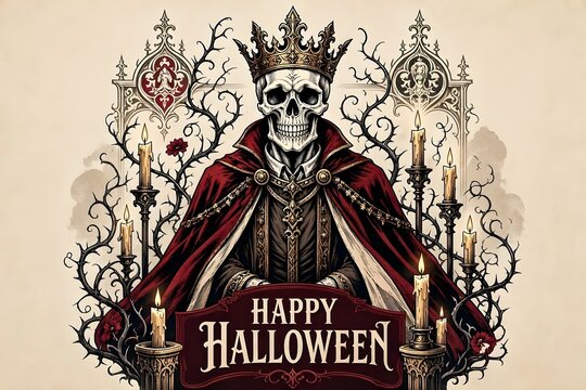 Gothic skeleton king wearing golden crown and red royal cape surrounded by candles thorns and Happy Halloween banner