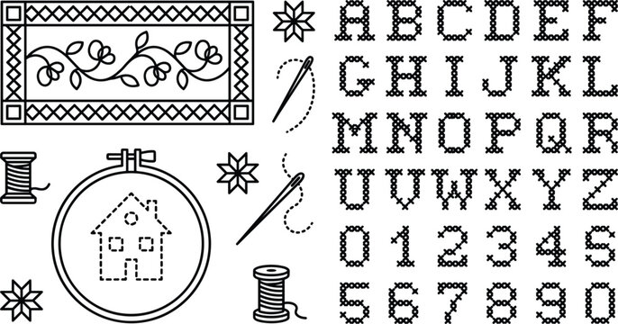 Cross Stitch and Embroidery Craft Icon Set with Pixel Alphabet Font Numbers Sewing Needles Thread Spools and Embroidery Hoop Vector Illustrations