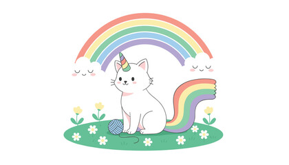 Fototapeta premium Whimsical white cat unicorn with a colorful rainbow tail and horn sitting in a green meadow under a beautiful pastel rainbow.