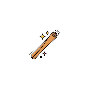 Single cinnamon stick with magical sparkles, brown spice, whimsical kitchen ingredient cartoon isolated on white background