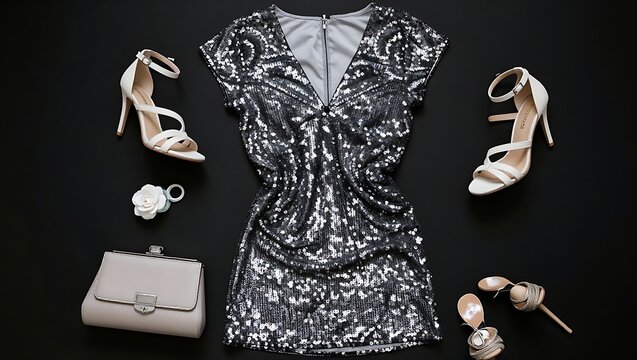 A sparkling silver sequin dress displayed with white high heel sandals with sandals metallic handbag black surface alongside with dress arranged flat