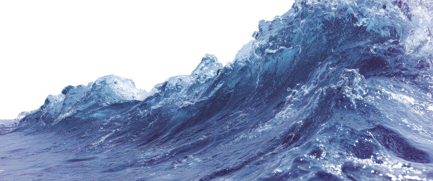 Close up of deep blue ocean wave cresting with water drops isolated on transparent background