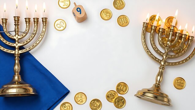 Two brass menorahs with lit candles and gold chocolate coins on a white background surface with candles arranged scattered holders burning candles