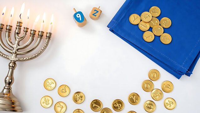 Lit menorah with wooden dreidels and gold coins arranged on a white background surface with silver menorah stands surface blue cloth