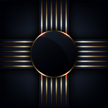 Abstract dark navy blue luxury background with metallic gold geometric cross pattern glossy black circle frame vignette and red glowing light, premium modern cover design template