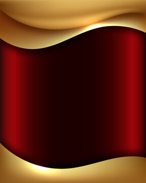 Luxurious gold waves vertical background template with red metallic backdrop, modern 3D abstract crimson golden border framing, elegant VIP banner design, invitation poster background