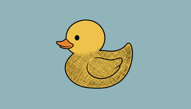 Yellow rubber duck toy for baby bath with crosshatch sketch shading textures isolated on a solid light blue background.