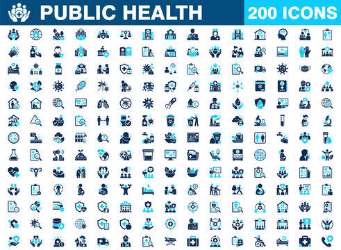Mega 200 Editable Solid Icon Set. Public health symbols for healthcare, medical service, disease prevention, hygiene, safety, community wellness, hospital and health protection concept.