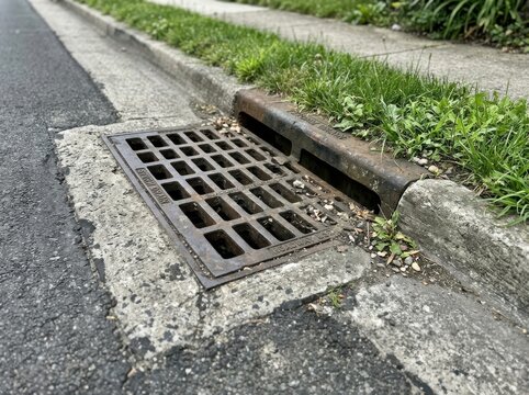 Metal storm drain grate on a concrete street curb with green grass nearby