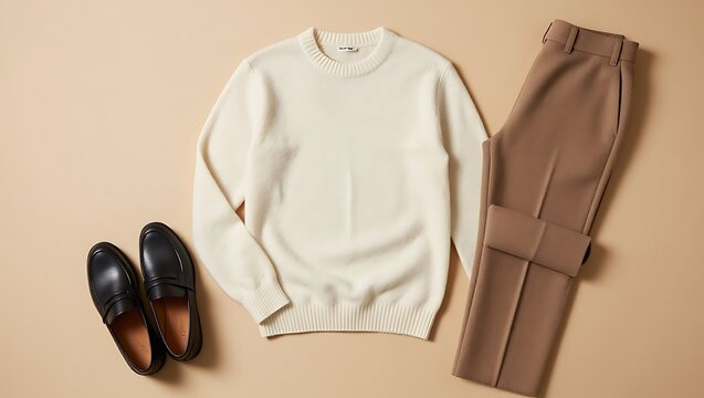 A flat lay of a white wool sweater brown trousers with white knit sweater next brown wool trousers black leather loafers plain beige surface