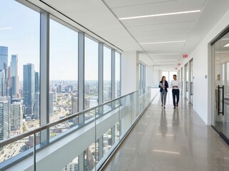 Fototapeta premium Business people walking in a modern office hallway with a city view