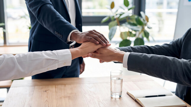Diverse business team stacking hands together showing unity, teamwork, and corporate collaboration
