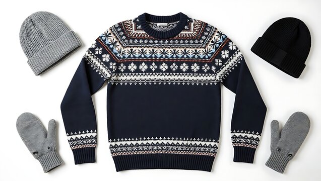 A navy blue patterned winter sweater arranged with two knit hats with sweater traditional fair pattern sits surrounded winter mittens