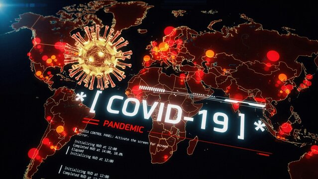 Global map visualization of covid-19 pandemic spread with red infection hotspots and warning text overlay, pandemic