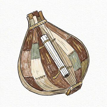 Naive hand-drawn illustration of a sasando string instrument, Indonesian folk art style