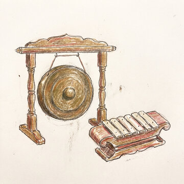 Naive hand-drawn illustration of a gamelan gong and saron instrument set, Indonesian folk art style