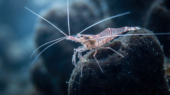 Cleaner shrimp perched on dark sponge coral on ocean floor