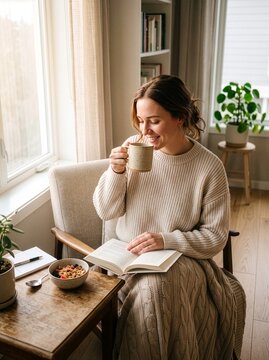 Cozy Morning Ritual: A woman enjoys a tranquil morning, sipping a warm beverage and reading a book in a comfortable armchair by the window, with a bowl of cereal on the side table.