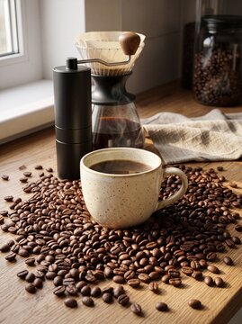 Aromatic Brew: A fresh cup of hot coffee sits surrounded by roasted coffee beans, with a pour-over coffee maker and manual grinder nearby, promising a perfect morning ritual.
