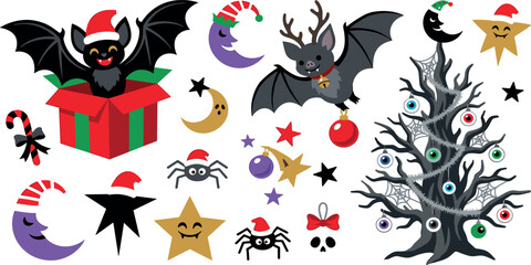 Naklejka premium Cute Creepmas bat characters and spooky gothic Christmas tree vector elements set for holiday designs