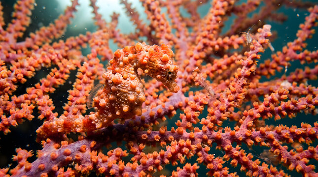 Tiny pygmy seahorse hiding among red sea fan branches