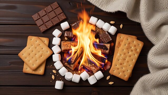 A small campfire surrounded by chocolate bars crackers and marshmallows on a wooden table surface with wood logs surrounded fire burns
