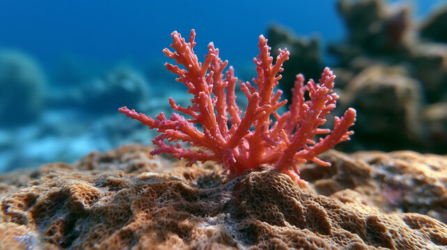 A flourishing pink branching coral colony resting on a textured rocky reef. Ai generat