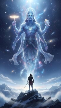 Warrior standing on a snowy mountain peak facing a giant celestial blue divine figure with looking massive ethereal figure floating starry warrior sword stands ethereal four armed confrontation