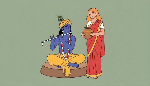 A blue skinned man playing a flute while a woman stands holding a clay pot with holding brown earthenware wearing yellow turban turban dhoti plays sari stands beside illustration mythological