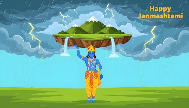 Blue deity lifting a mountain on one hand during a storm with heavy rain with blue skinned figure traditional attire holds floating mountain waterfalls above his head amidst stormy sky lightning hero