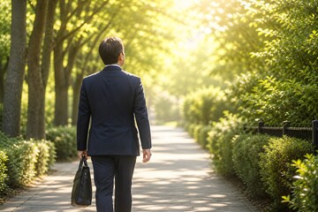 Obraz premium Businessman Walking Through Green Park on Sunny Morning