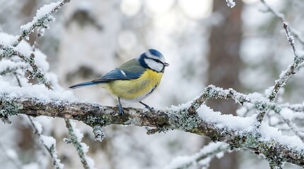 Eurasian blue tit perched on a snow covered branch in a winter forest landscape. © Jarin