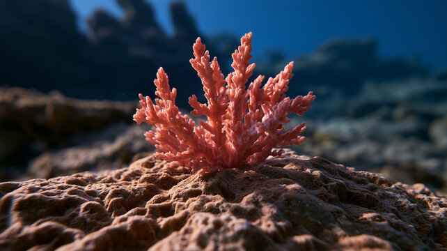 A flourishing pink branching coral colony resting on a textured rocky reef. Ai generat