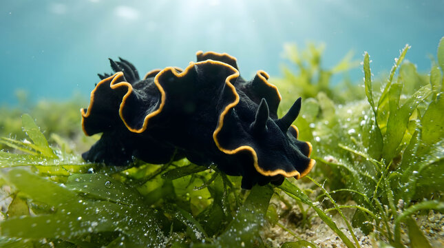 Black dorid nudibranch with yellow margin crawling on algae
