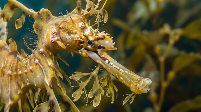Leafy seadragon camouflaged in kelp forest seaweed background