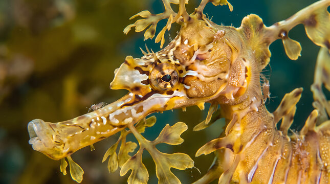 Close up head shot of leafy seadragon among kelp fronds