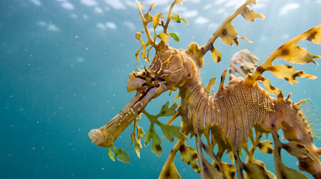 Leafy seadragon swimming in sunlit open water kelp habitat