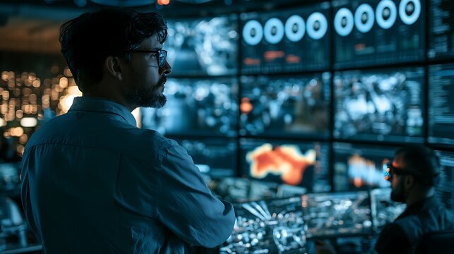 Operations Dashboard factory operations manager standing before massive curved video wall displaying real-time smart factory dashboard, OEE overall equipment effectiveness gauges across twelve 