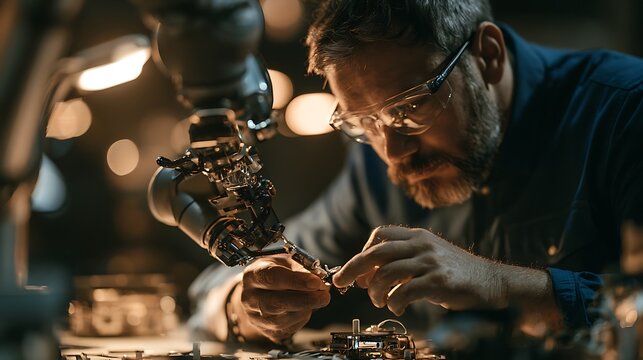 Close-Up focused male engineer in safety glasses and blue uniform working side by side with collaborative robot arm on precision assembly task, engineer's hands guiding delicate component while 